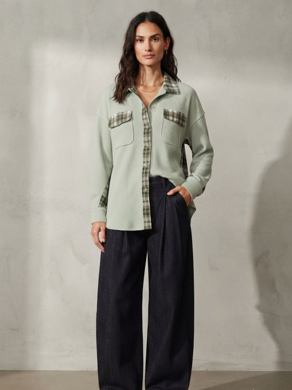 Oversized Plaid Color-block Waffle Knit Long Sleeve Button Down Size Medium